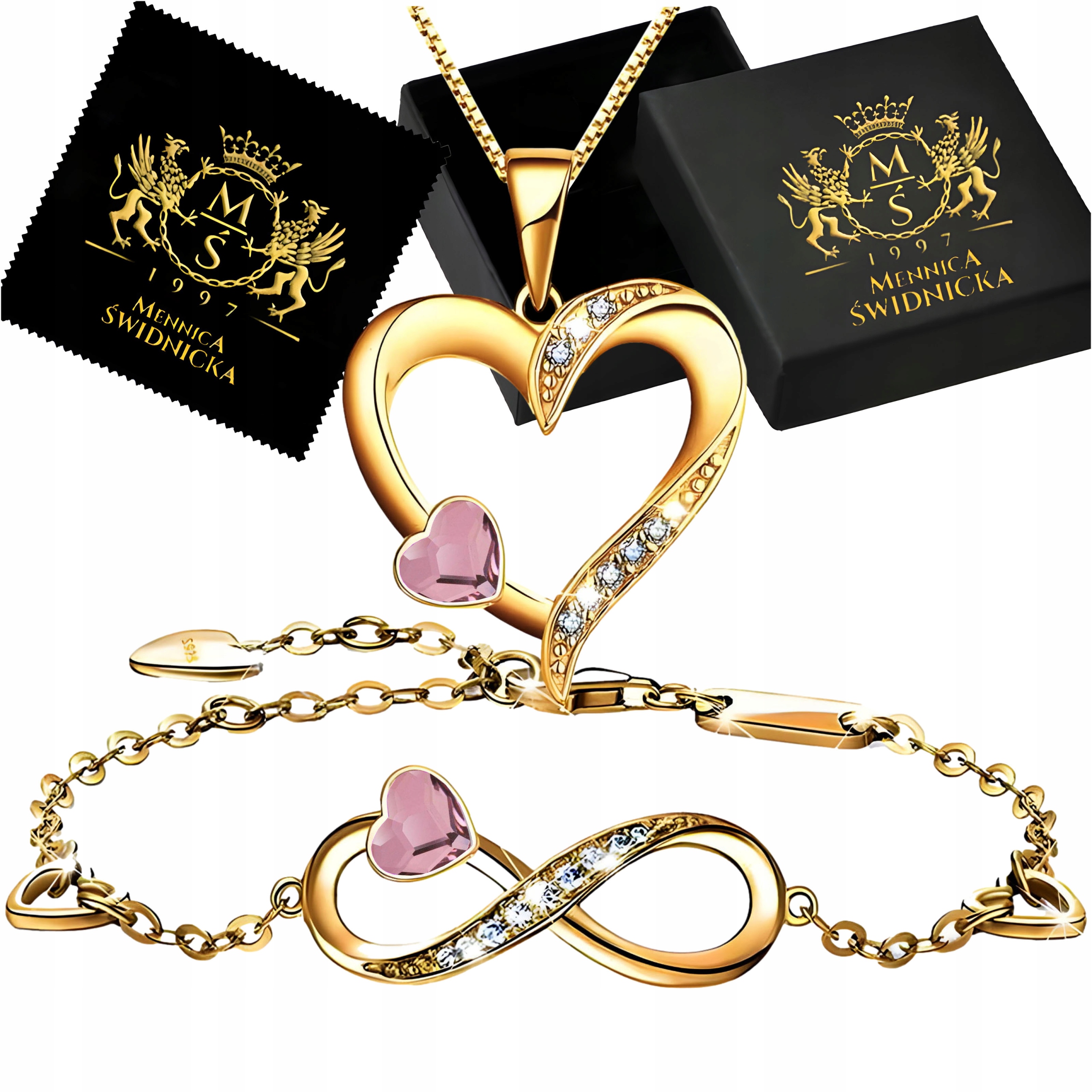 Zlatý komplet Náhrdelník Srdce Náramek Infinity Stříbro 925 Pro ženy