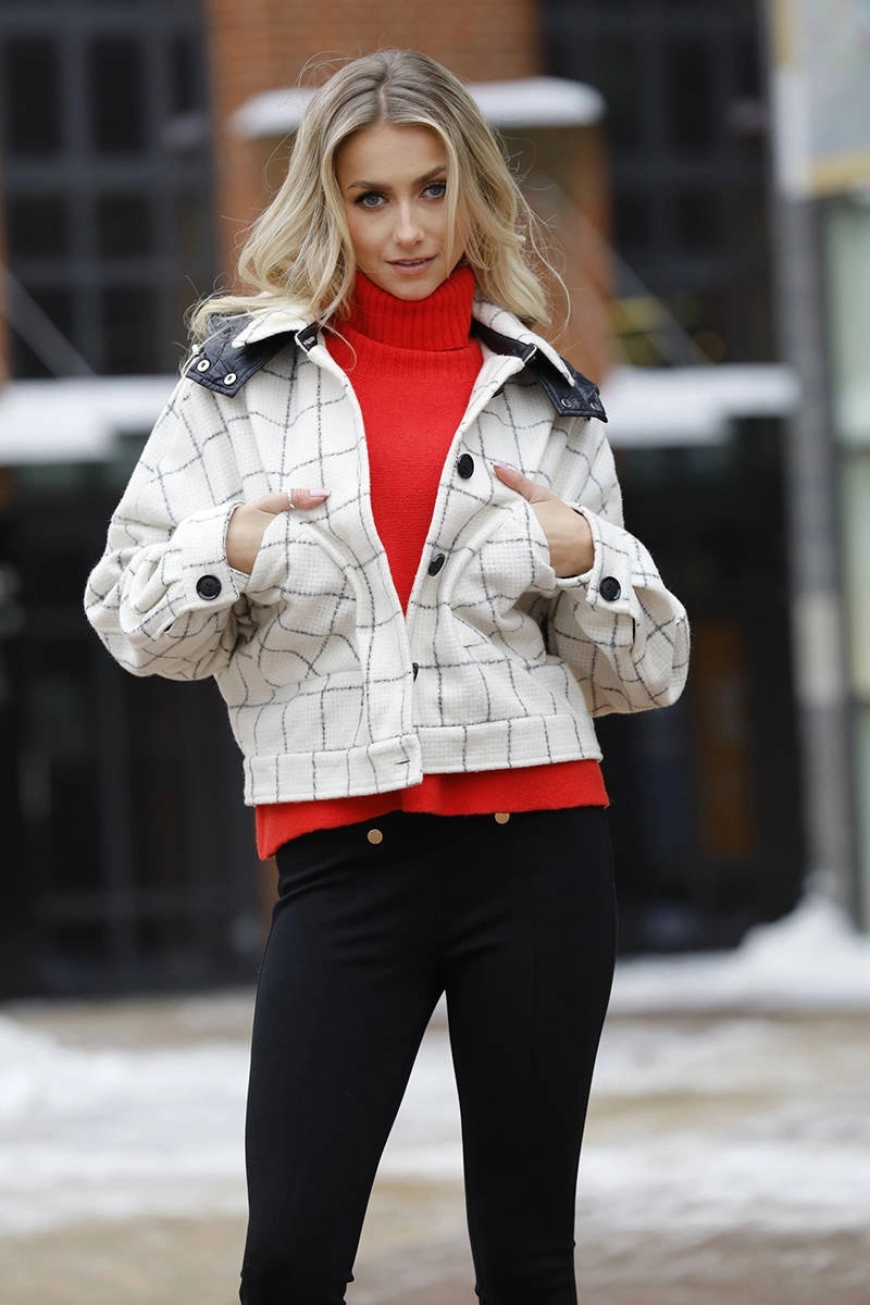 Krátká Kostkovaná Bunda AG3-1839 Ecru S (36)