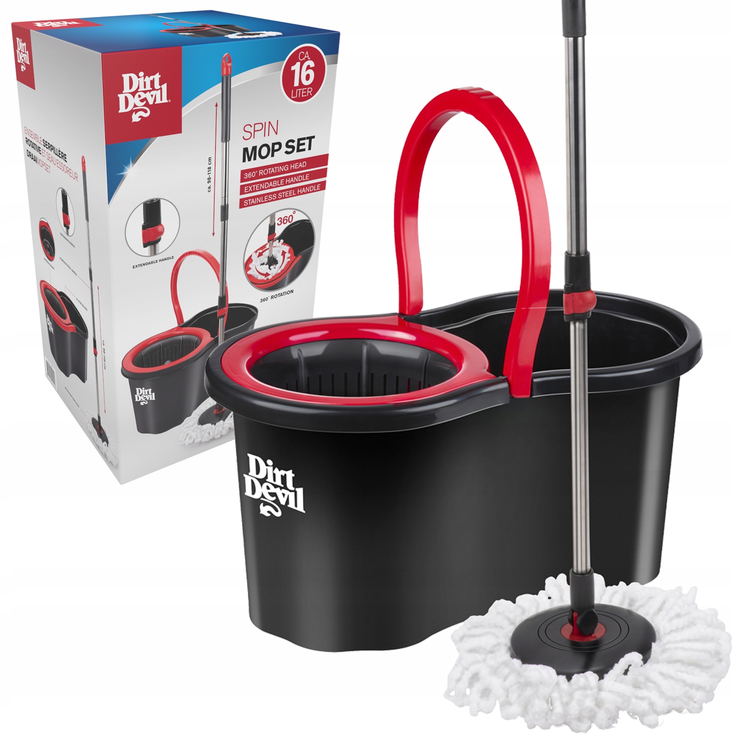 Mop Obrotowy Dirt Devil Zestaw Wiadro 16L Wyżymaczka 360 Kij Teleskopowy