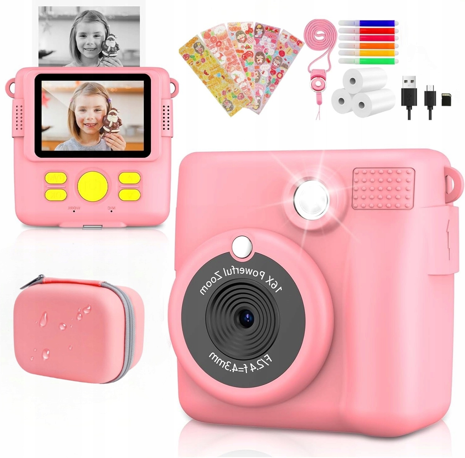 Digitální Fotoaparát Růžový Pro Děti Mini Tiskárna 32 Gb