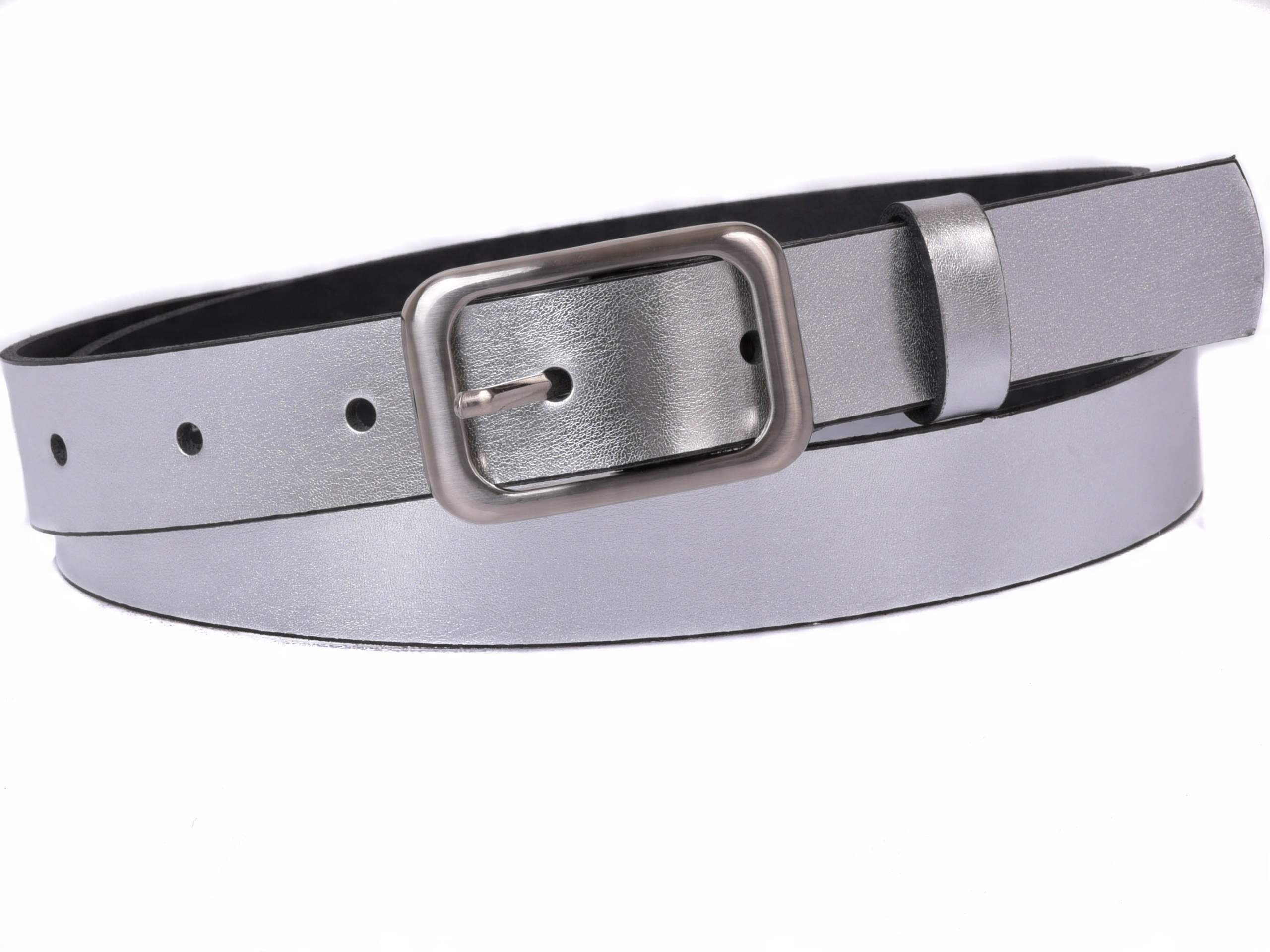 

Damski Skórzany pasek 3cm Srebrny |105obw