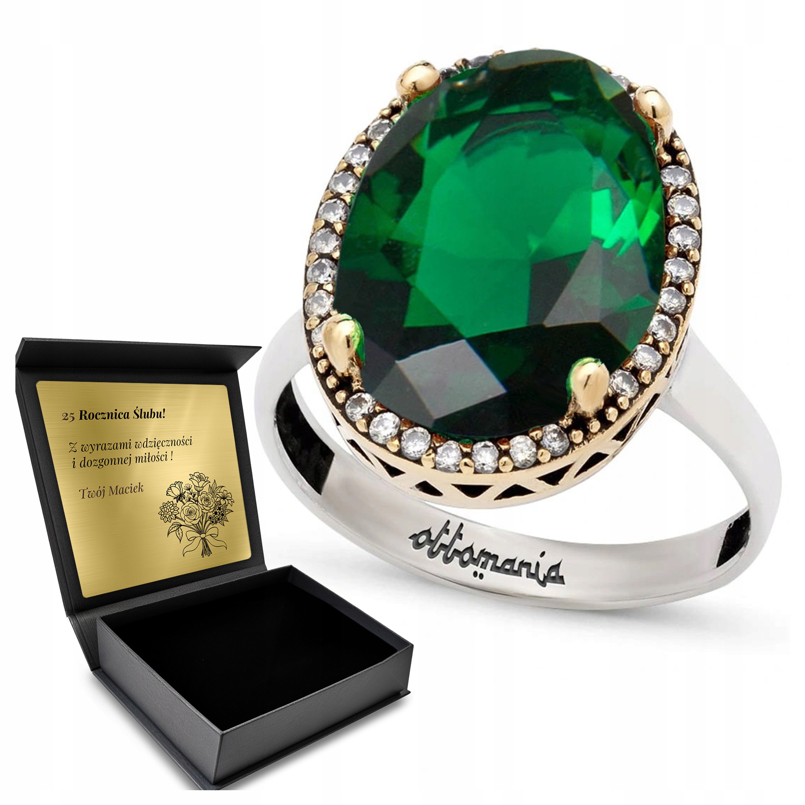 Prstýnek 925 Se Zirkony A Smaragdem Pro Ženu Gravírování