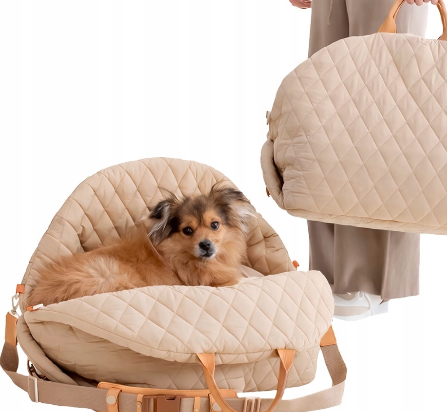 2v1 Taška pro psa Přepravka do auta, měkká, krémová