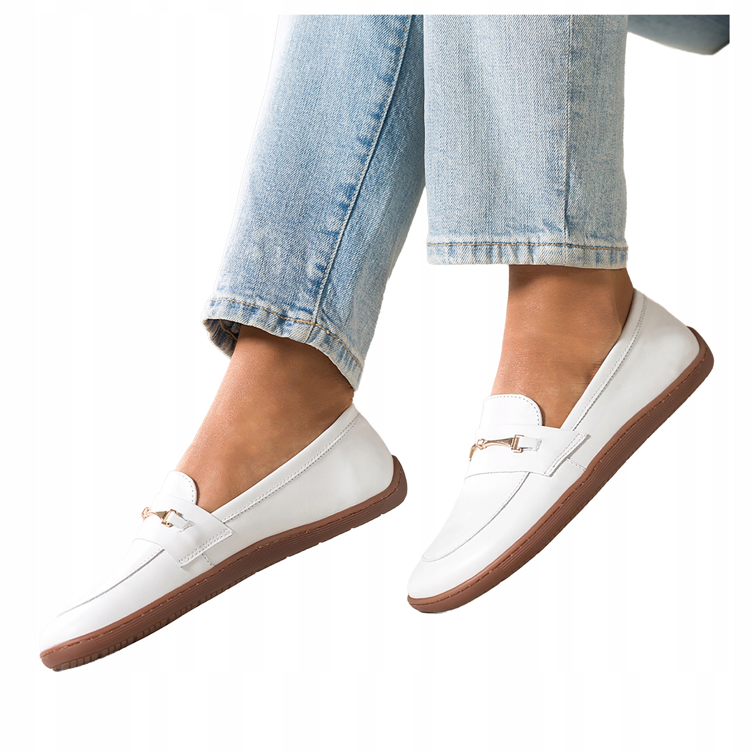 Bílé Mokasíny Dámské Barefoot Zlatá Spona Pohodlné Módní Kožené vel. 41