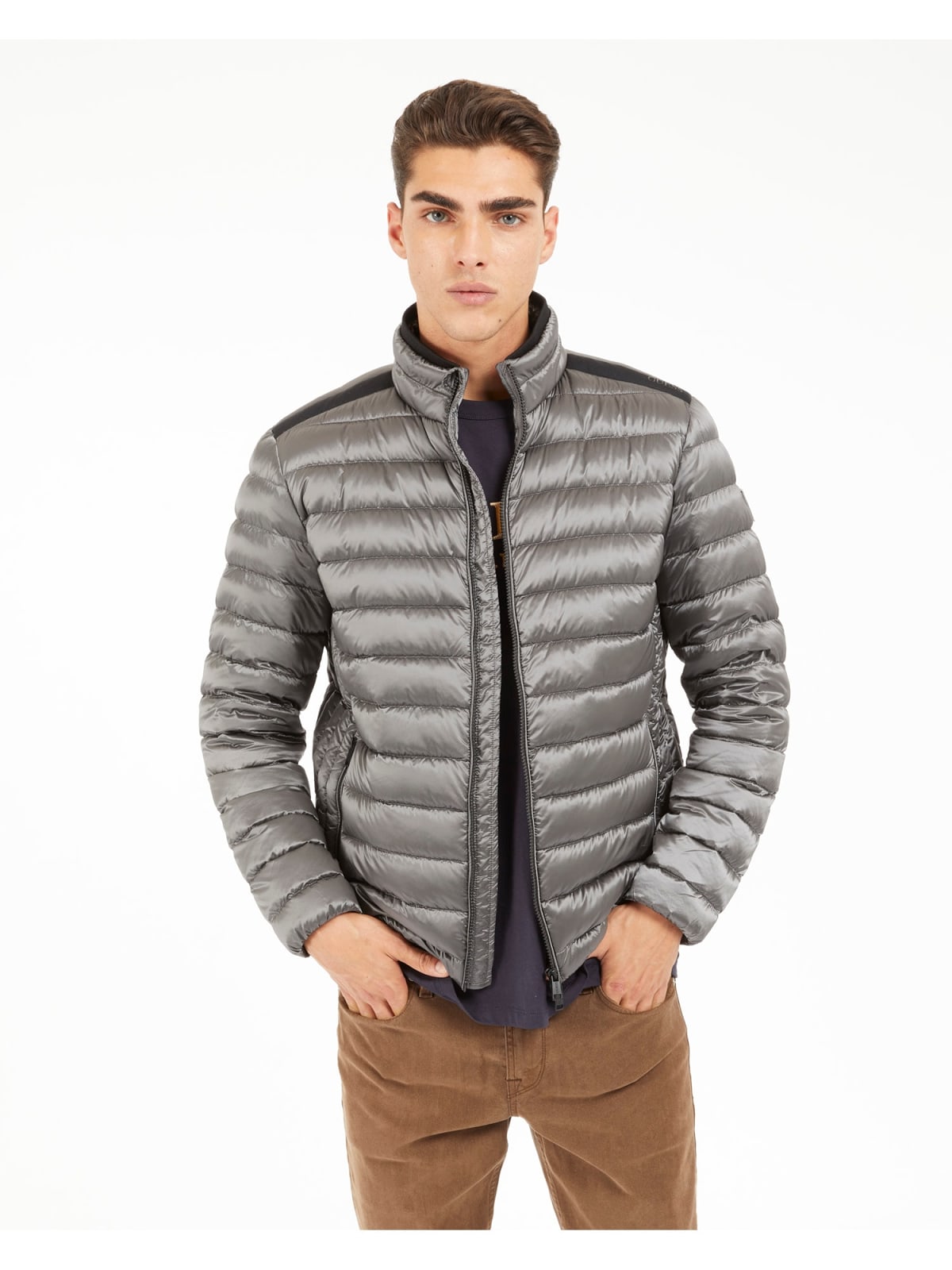 Guess Šedá Stříbrná Pánská Prošívaná Péřová Bunda M