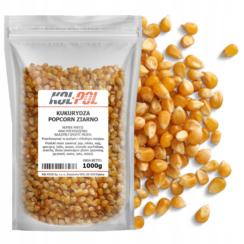 Kukurydza Popcorn 1kg Ziarno do prażenia bez soli naturalna jakość Kol-Pol