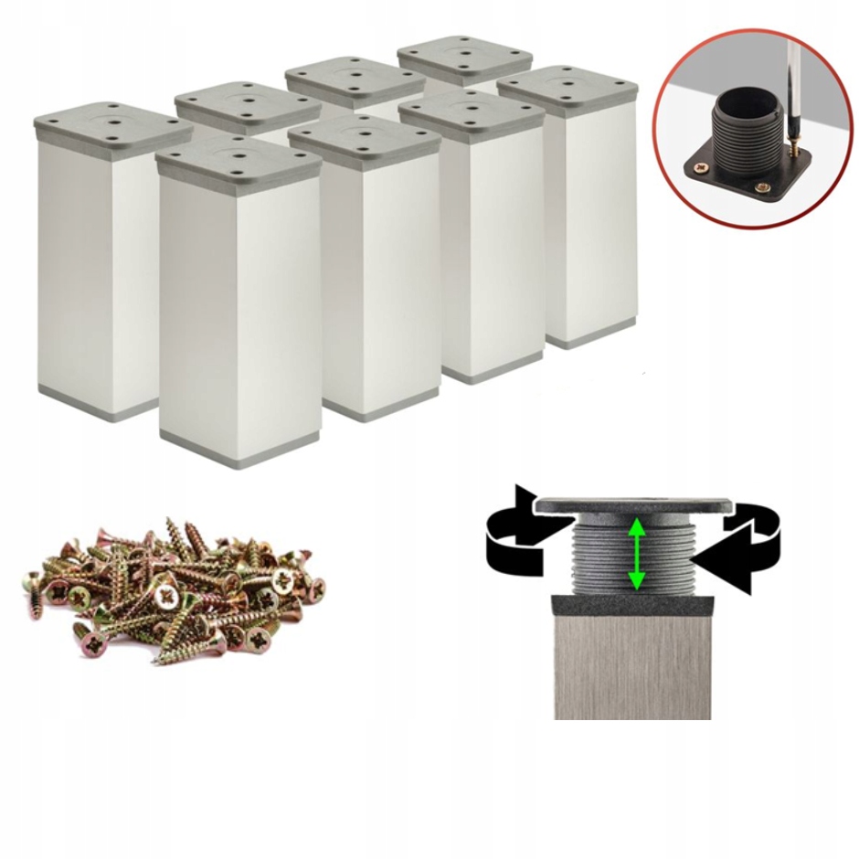 Nohy nábytkové nohy Stříbrné Nastavitelné pro nábytek H 10 cm Sada 8 x Vruty