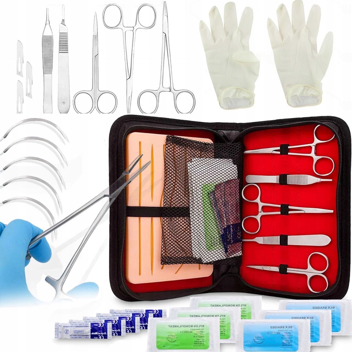 Zestaw do nauki szycia chirurgicznego nożyczki nici igły 18 el.