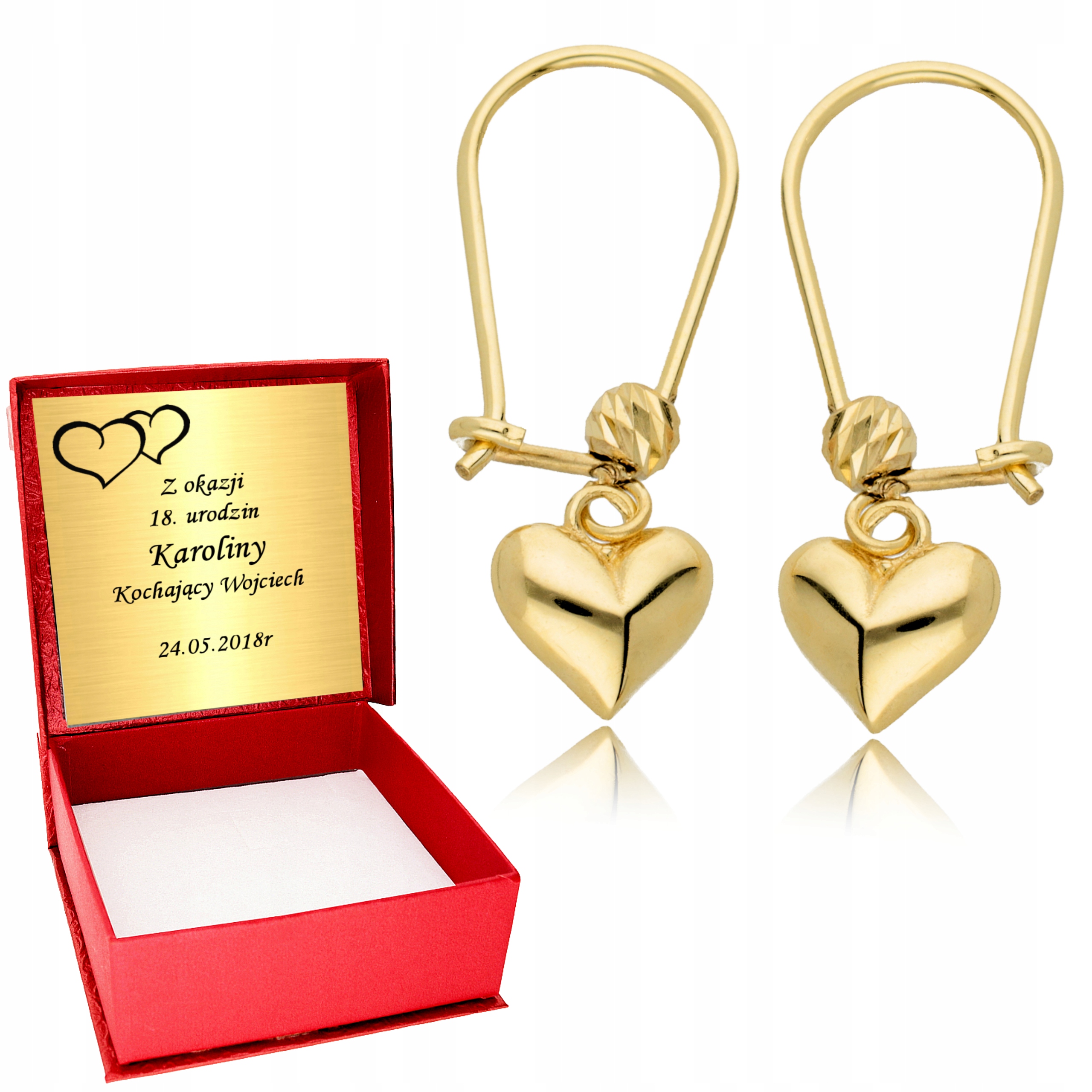 

Złote Kolczyki 585 Wiszące Serca Serduszka Grawer