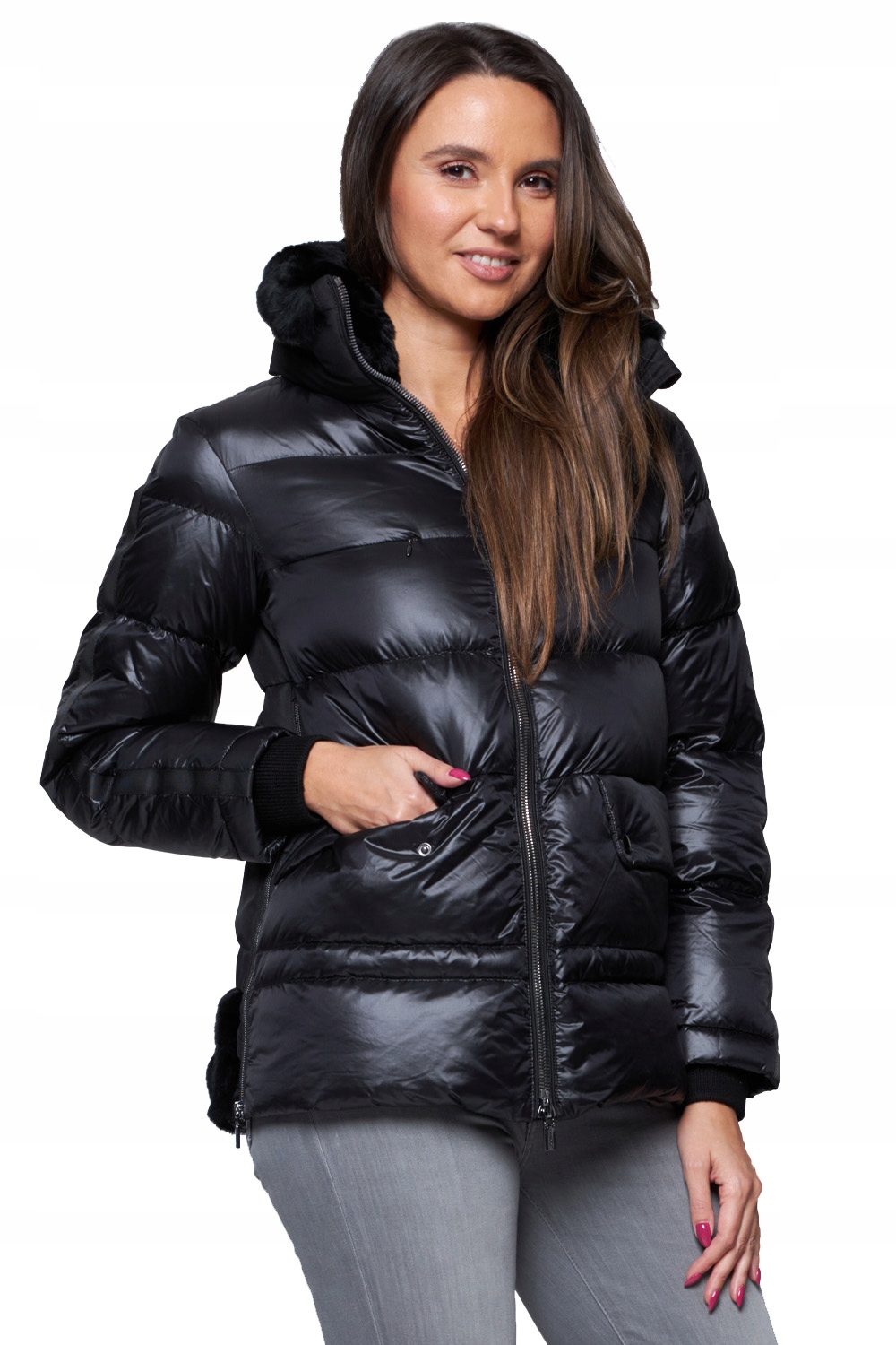 Diego M Černá péřová bunda s kožešinou 34EU/38IT