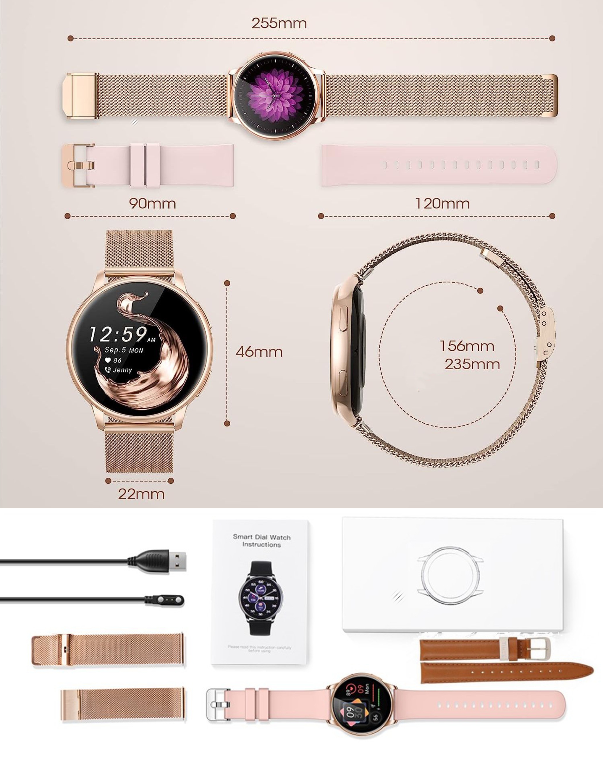 SMARTWATCH DAMSKI DLA KOBIETY ROZMOWY POWIADOMIENIA SPORT POMIARY MENU PL Rodzaj paska Bransoleta