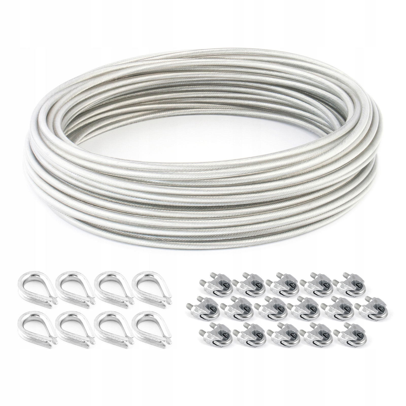 Sada lanového lana z Pvc 2/3 mm 6x7 100 m 8 x kauše 3 mm 16 x svorky 3 mm