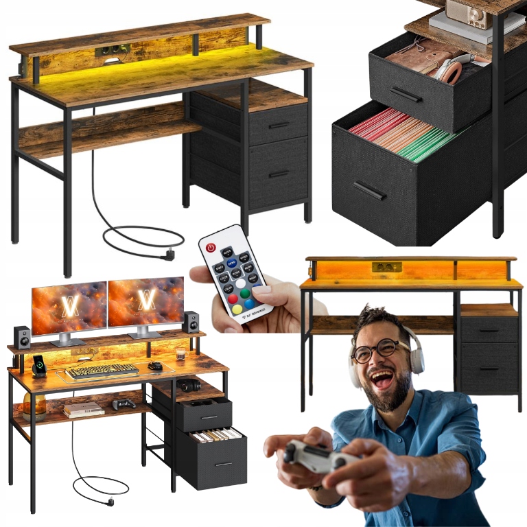 Led stůl se zásuvkami Zásuvky Usb Herní regál Loft Pracovní stanice