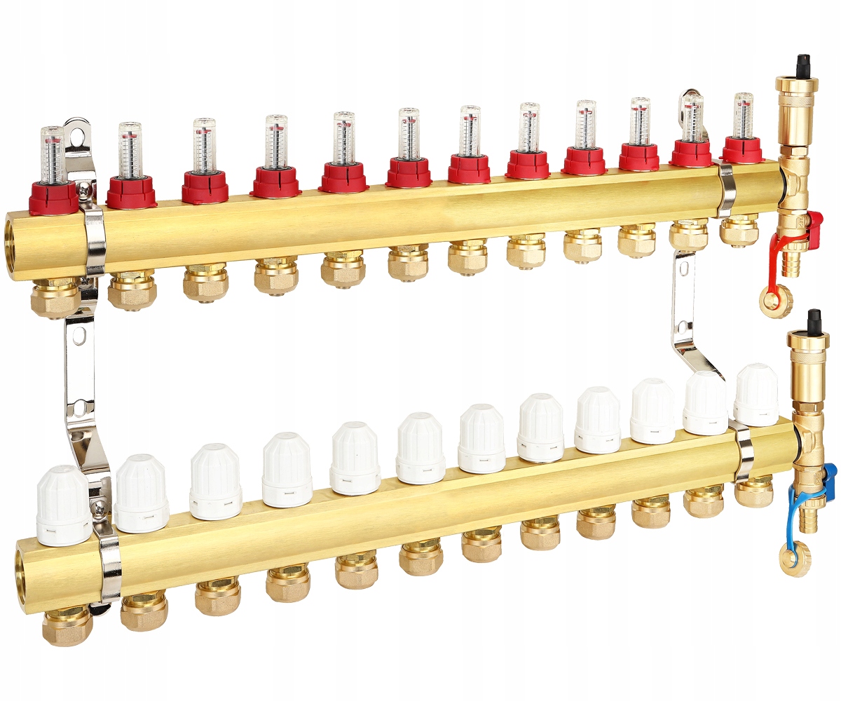 Rozdělovač 12 Okruhů Podlahového Vytápění Pro Podlahové Krytiny, Mosazné Spojky