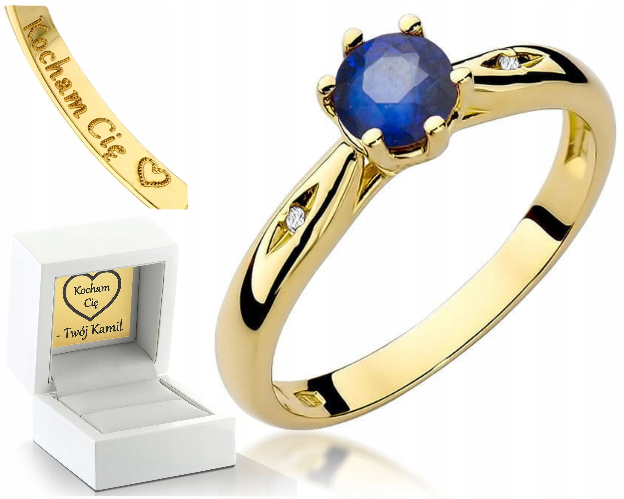 Zlatý Prstýnek Diamanty A Safír 585 Gravírování