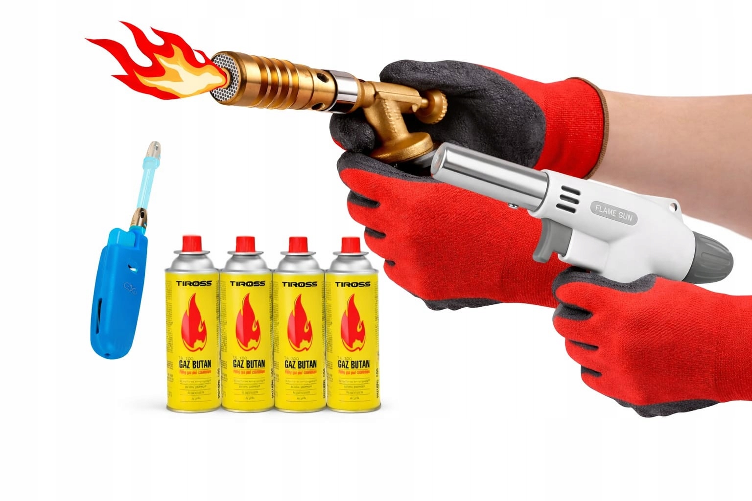 2 x PALNIK GAZOWY CERAMICZNY + MOSIĘŻNY 4x GAZ KARTUSZ RĘKAWICE ZAPALNICZKA