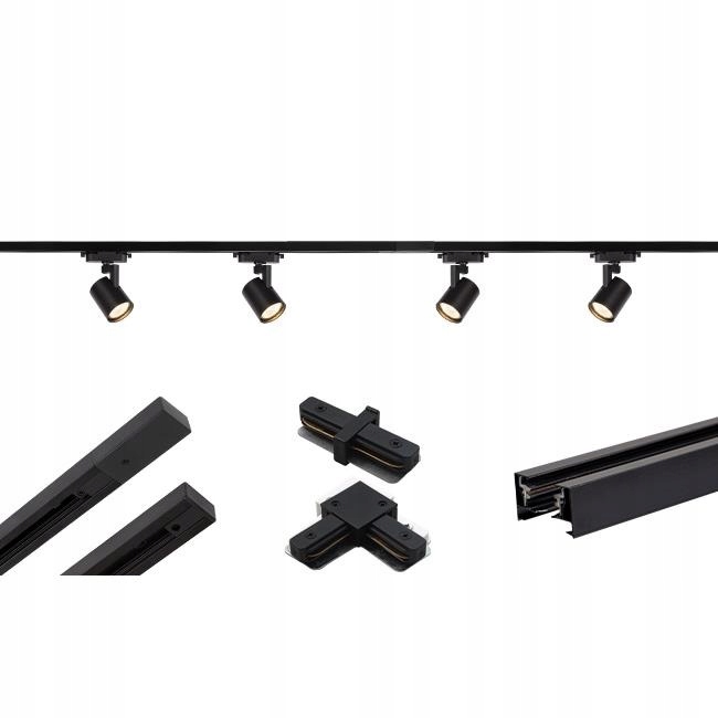 4 reflektory z 2 szynami 0,75m czarne z łącznikiem kątowym liniowym 1fazowe