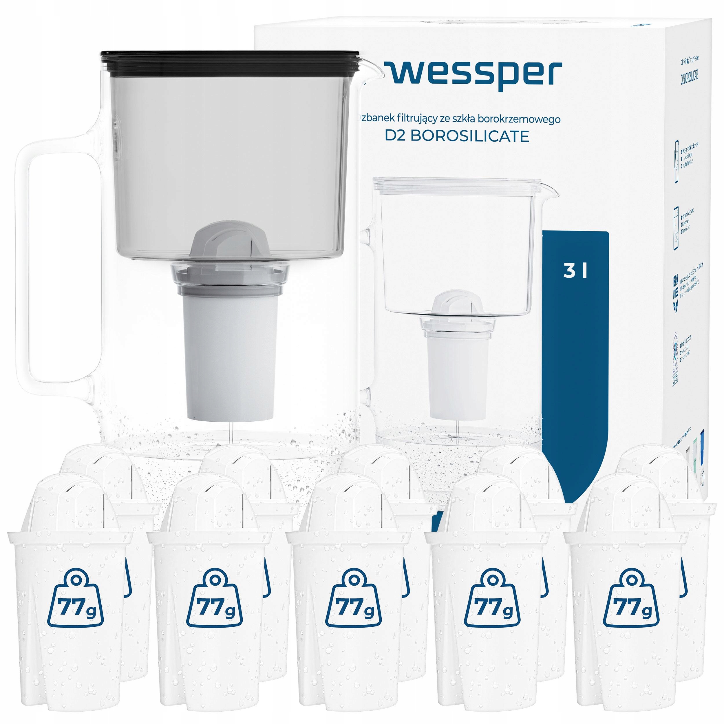 Dzbanek Szklany Wessper D2 Borosilicate 3l 10x Filtr Wkład Wody Wessper