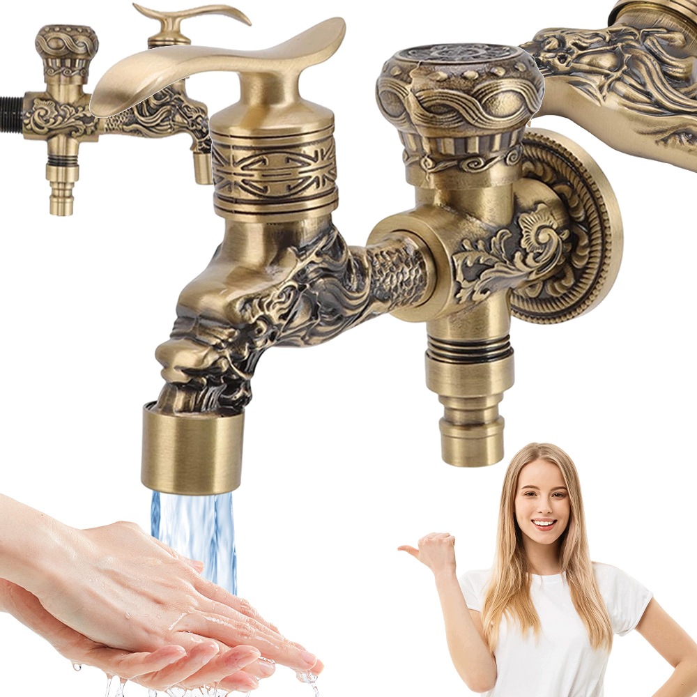 Mosazný Dvouvývodový Kohoutek Zdobení Draka Zlatý Pro Zahradní Pračku