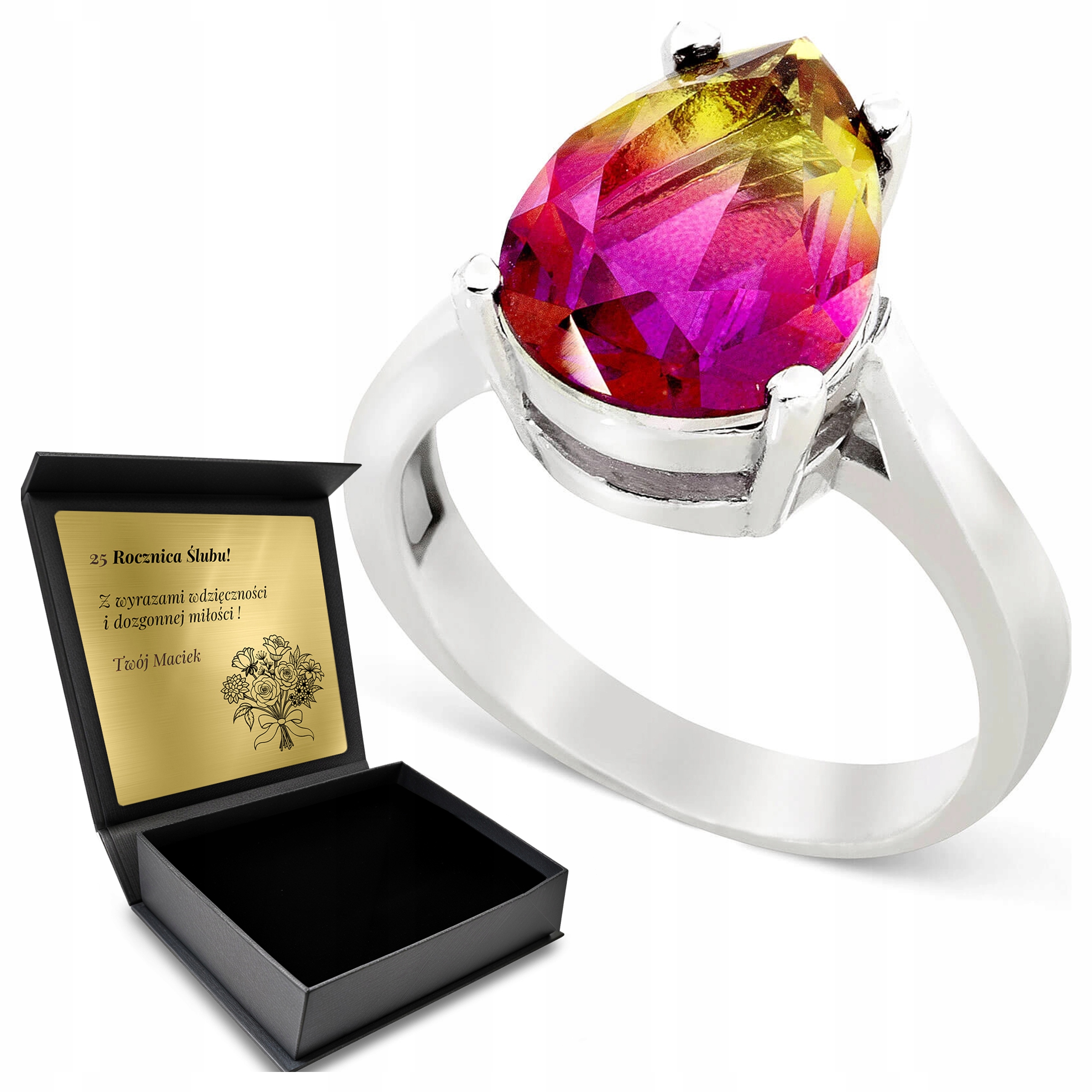 Prstýnek Srebny 925 S Ametrynem Dárek na Valentýna Gravírování Bonus