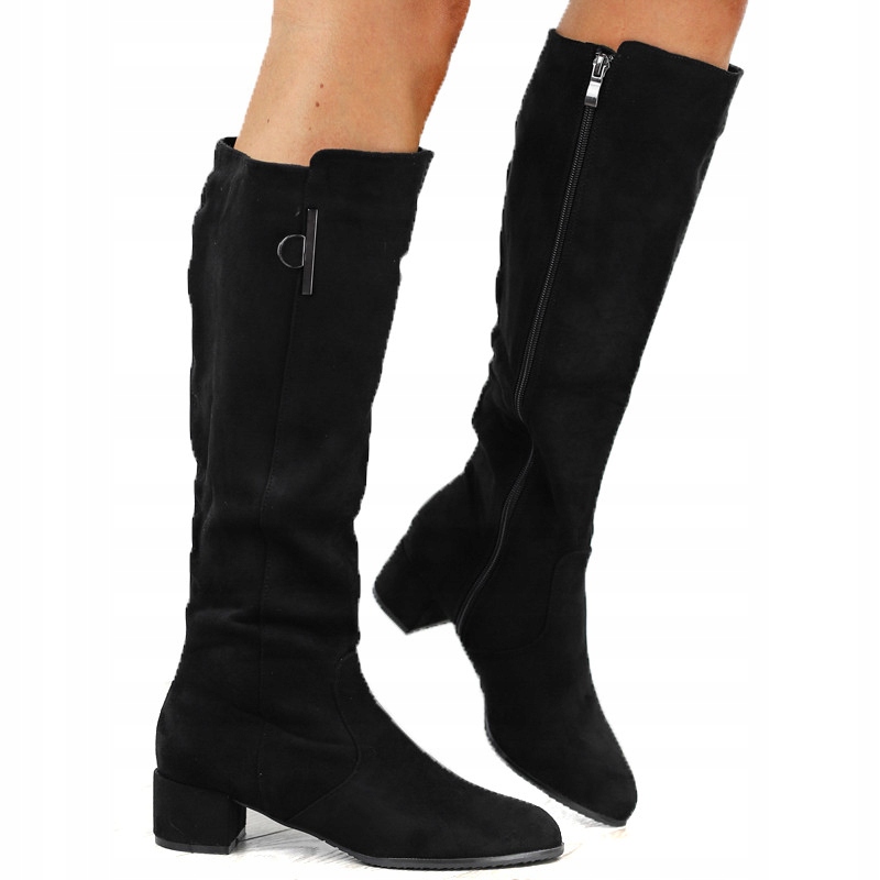 Czarne kozaki damskie na słupku zamszowe niskie wygodne B8372-1 r.38