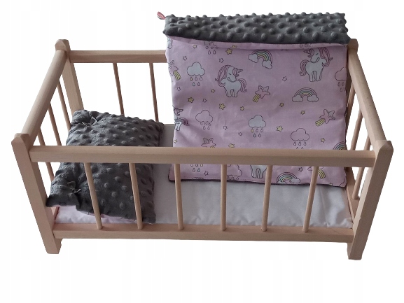 DREWNIANE ŁÓŻECZKO DLA LALEK + POŚCIEL MINKY