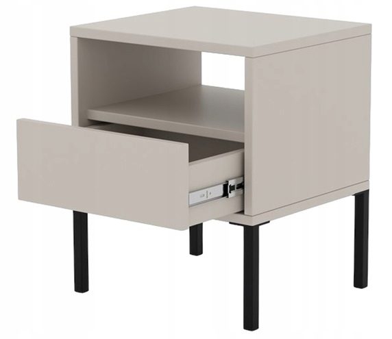 Nočný stolík Eryne moderný, polička, kašmír, čierne kovové nožičky