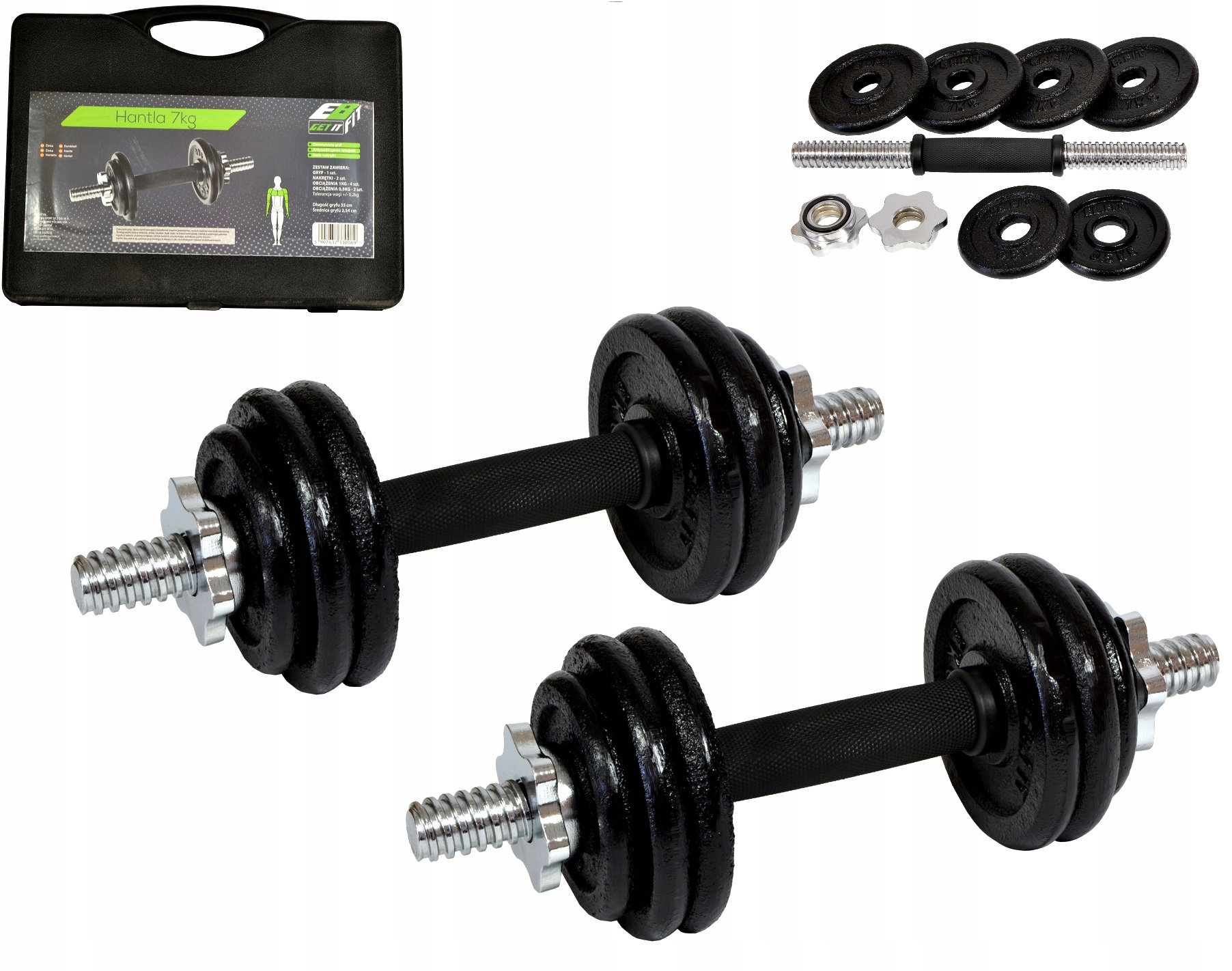 

Hantle Żeliwne 2x7kg gryf Talerze zestaw 14kg