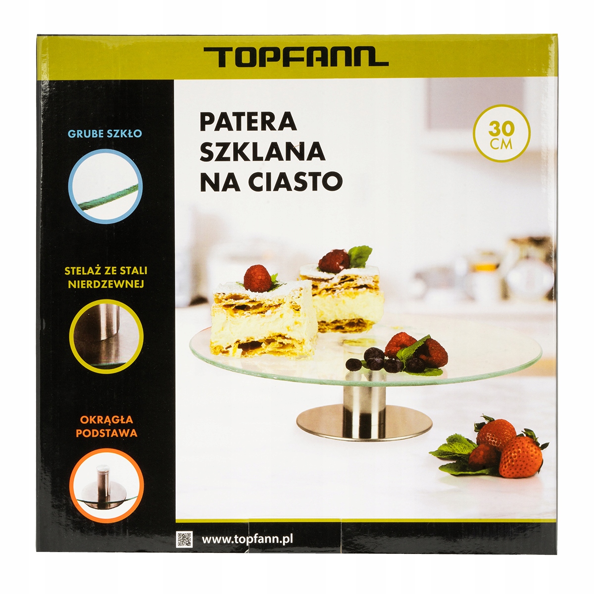 PATERA SZKLANA OBROTOWA NA CIASTO OWOCE TALERZ OKRĄGŁY NA CIASTO 30CM Szerokość produktu 30 cm