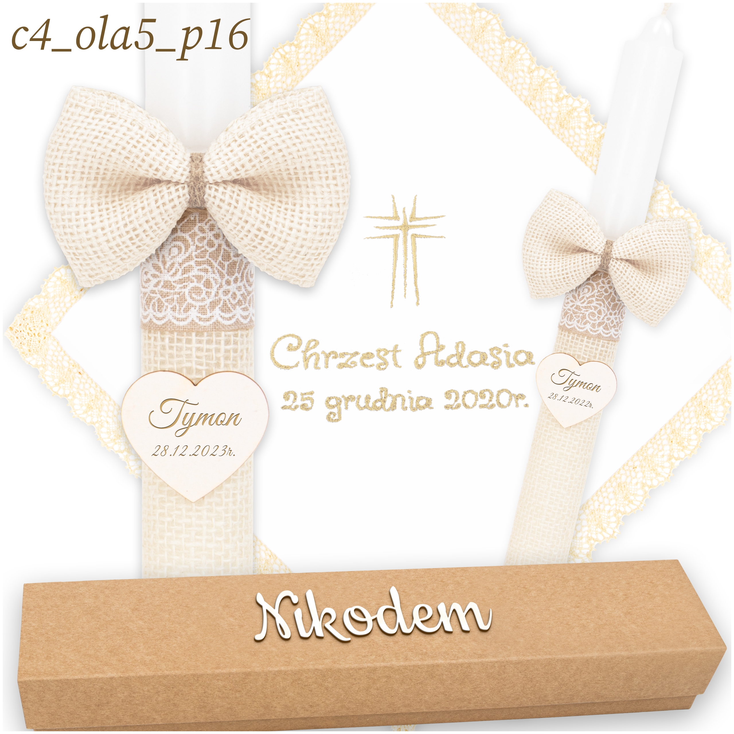 ŚWIECA DO CHRZTU SZATKA na chrzest HAFT + PUDEŁKO Z IMIENIEM styl BOHO Stan opakowania oryginalne