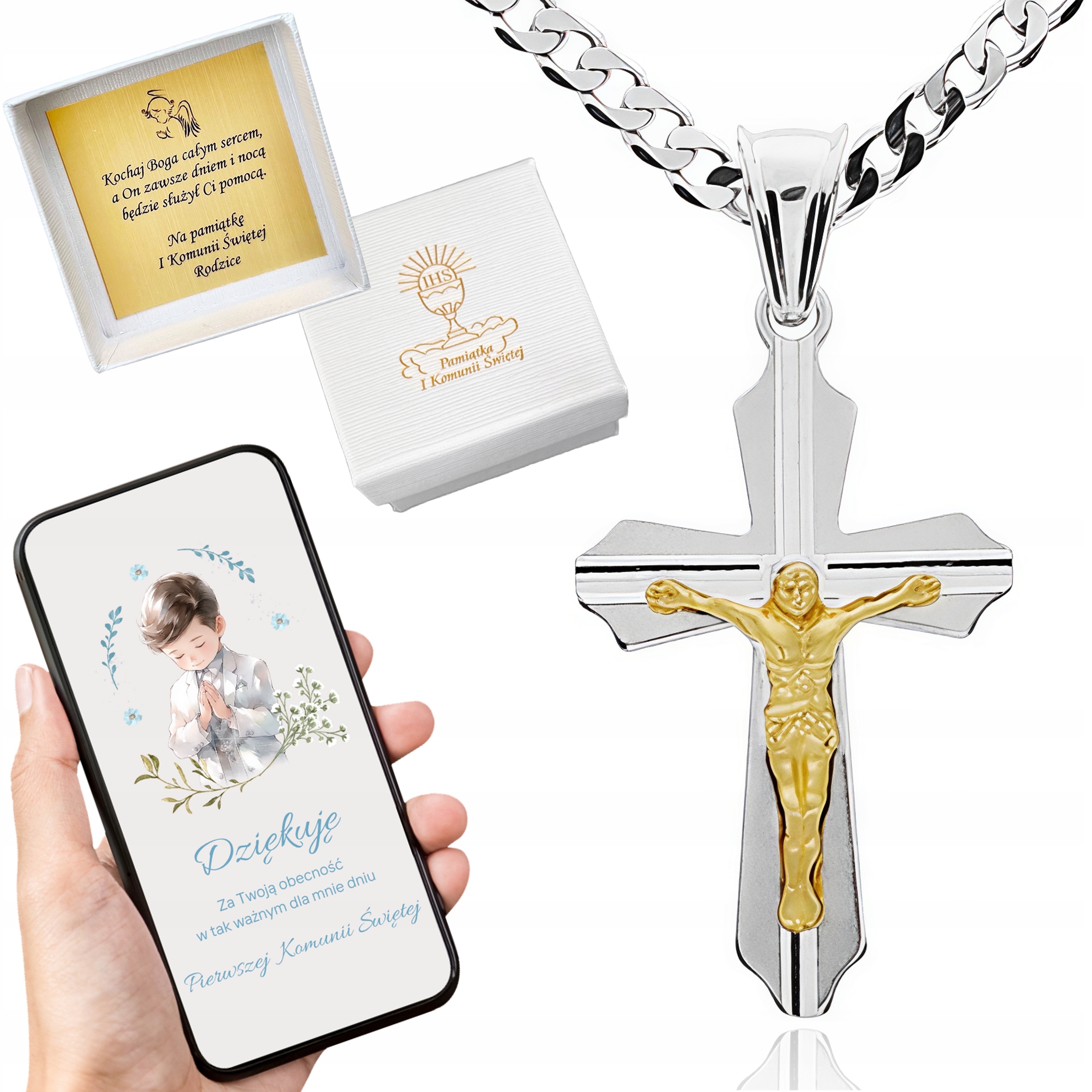 SREBRNY ZESTAW KOMUNIJNY ŁAŃCUSZEK I KRZYŻYK PREZENT DLA CHŁOPCA NA KOMUNIĘ