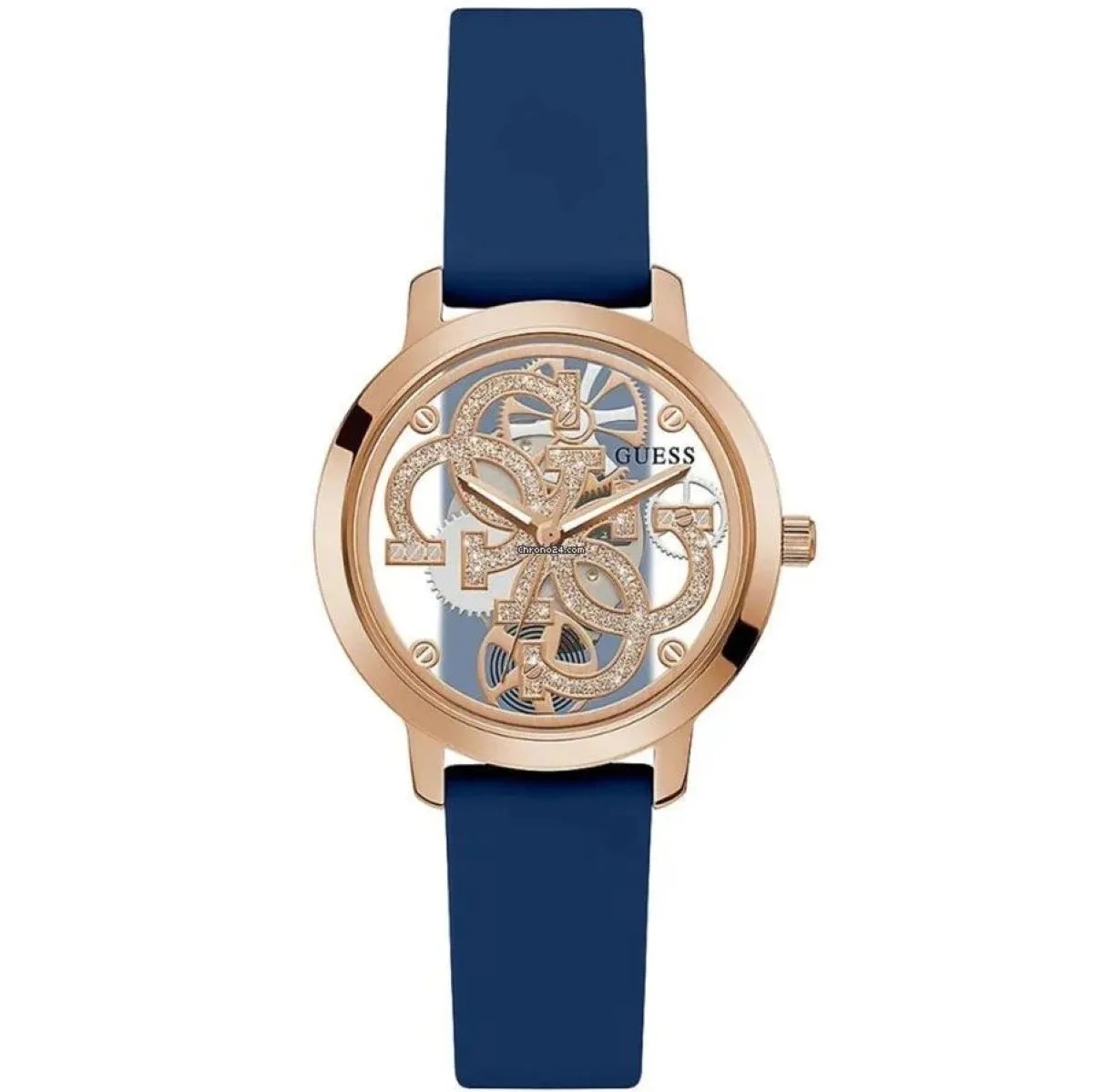 Růžově zlaté hodinky Guess 4G se skleněným ciferníkem GW0452L1