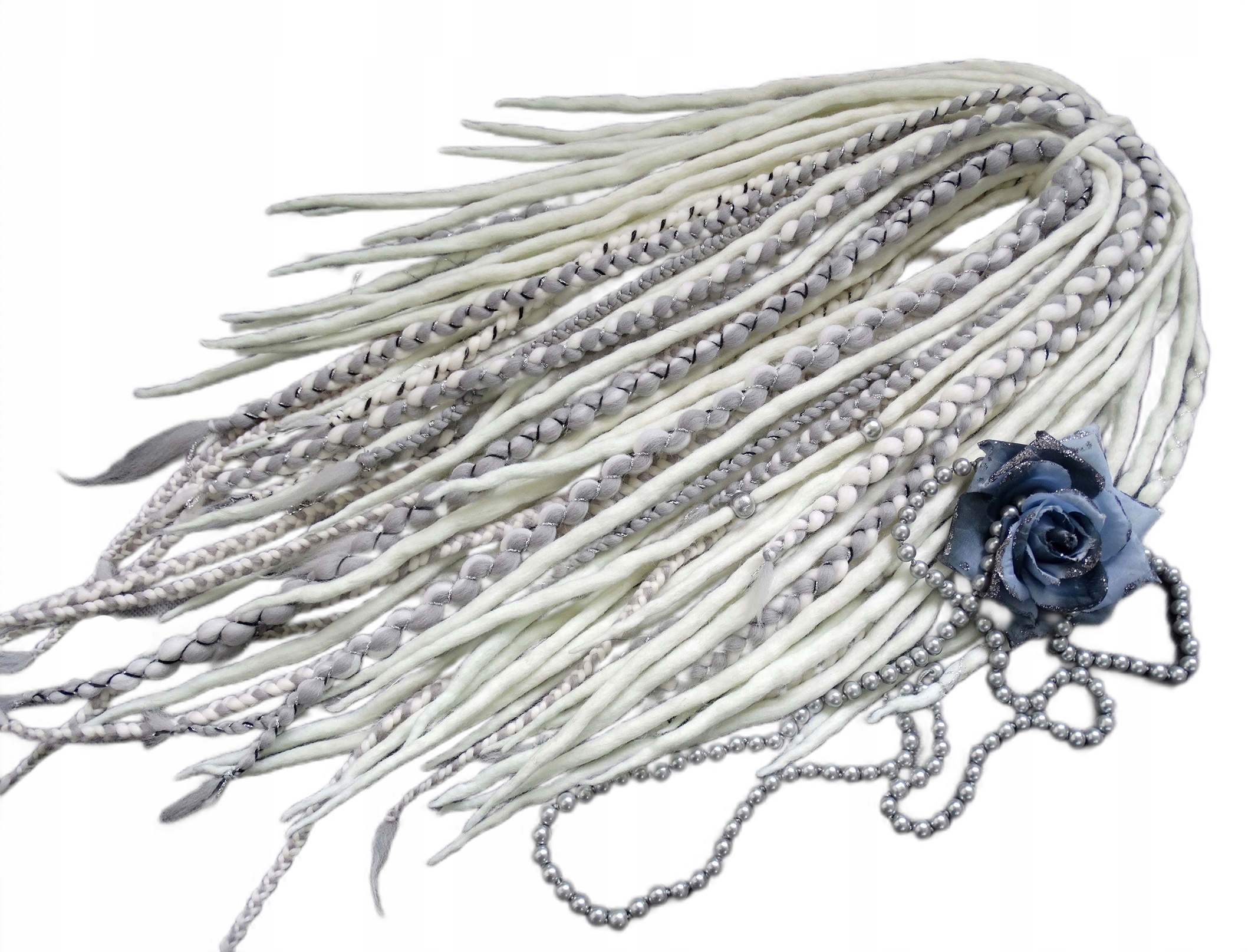 Dredloky Dredy vlněné ručně vyráběné, bílá šedá, Stříbrná Blaženost, 40 kusů