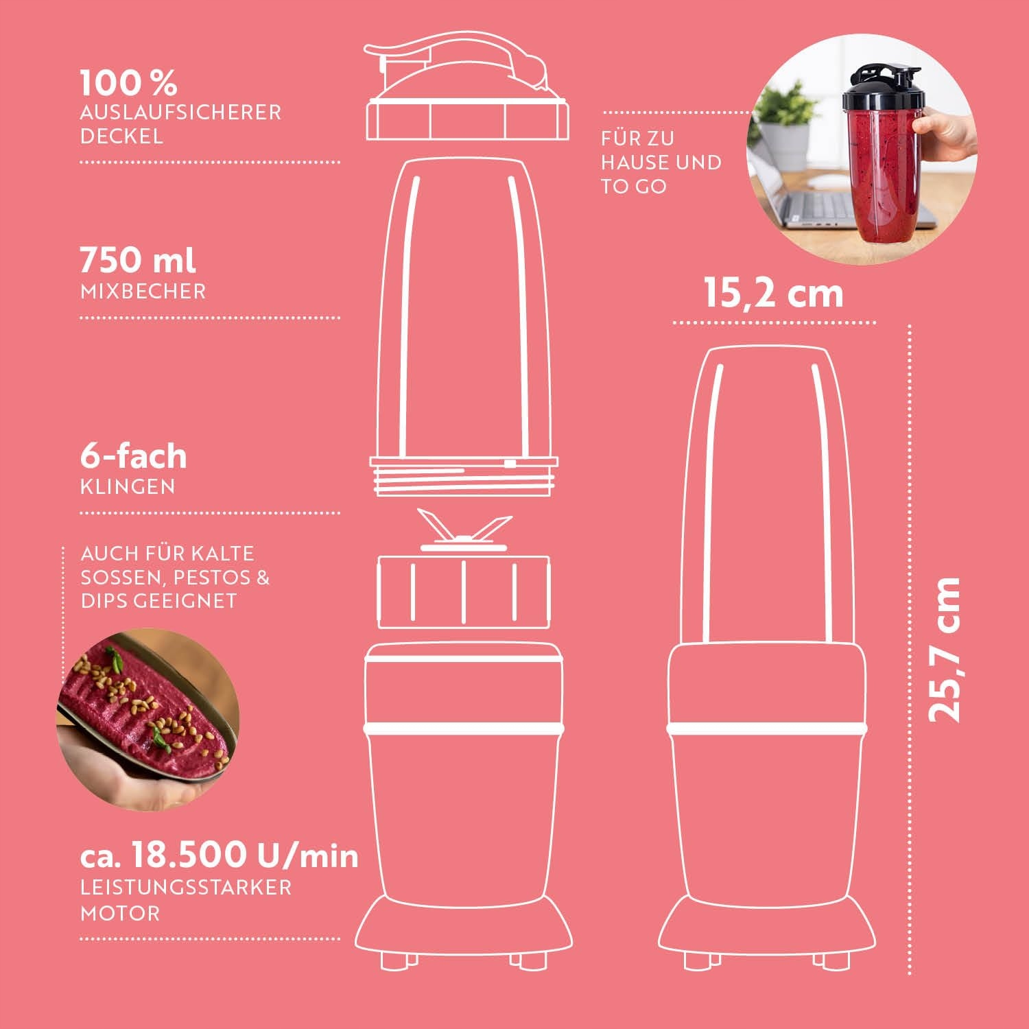 GOURMETmaxx Mikser & Smoothie Maker 4-częściowy Czarny 1000W — miniatura 6