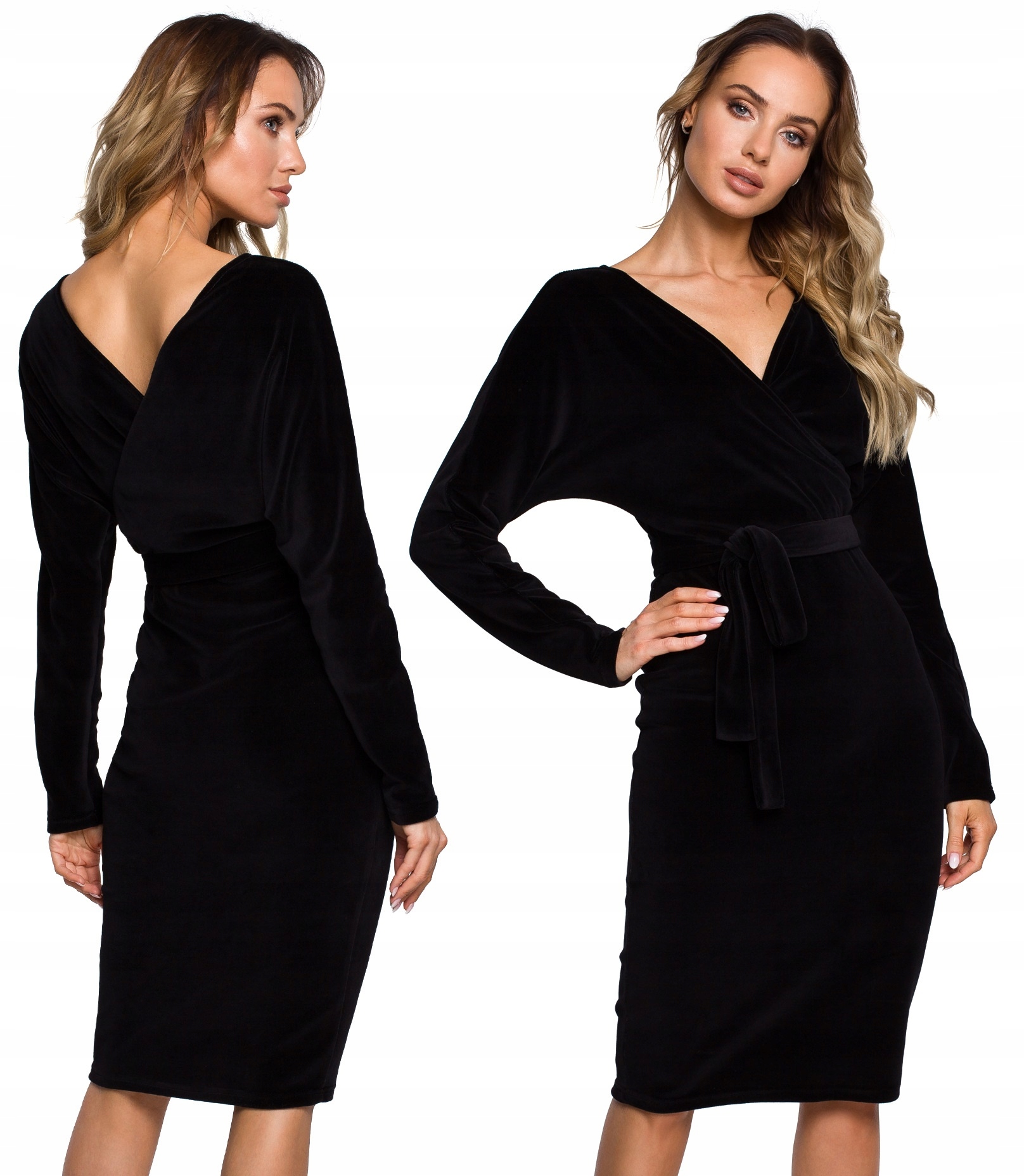 

Elegancka Sukienka Welurowa MIDI Kopertowy Dekolt
