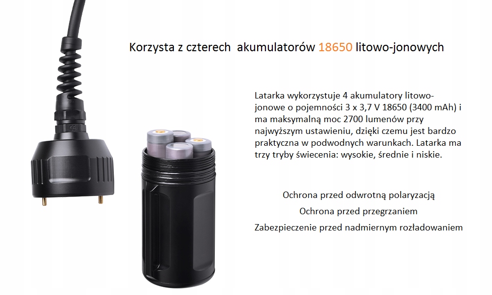 Latarka nurkowa Orca Torch D620 Głębokość operacyjna 150 m