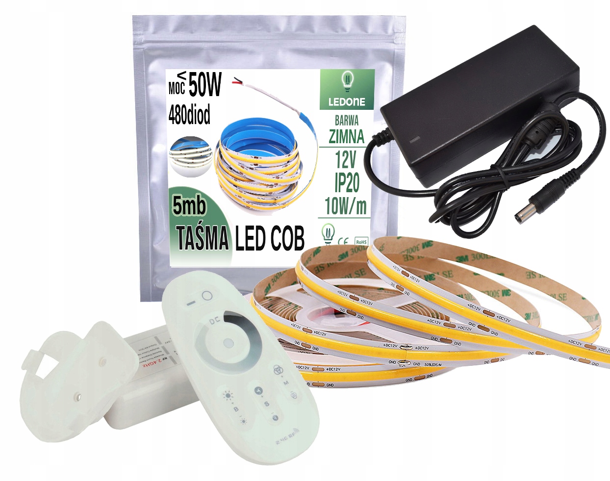 Set Led linka Cob Cw 12V 50W 5mb Dálkový Ovladač Rf dotyk