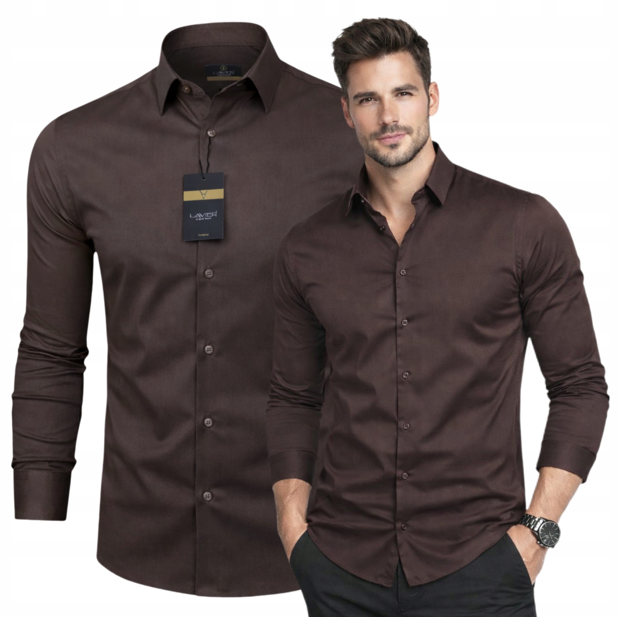 Pánská košile Lavier Hnědá Premium – 97% Bavlna, elegantní, Slim vel. XL