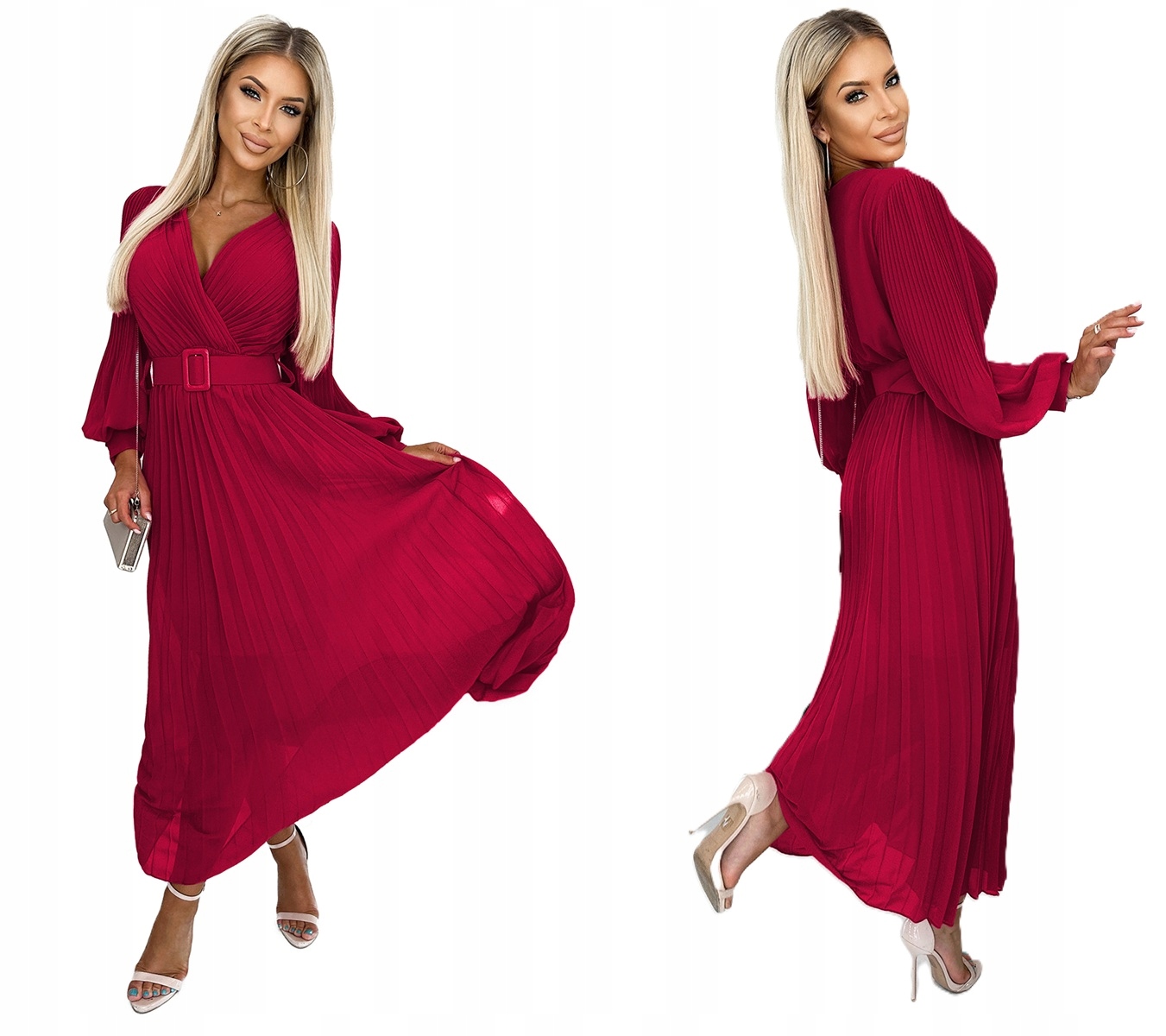 Elegantní Plisovaná Šaty S Širokým Páskem A Hlubokým Výstřihem, Bordó