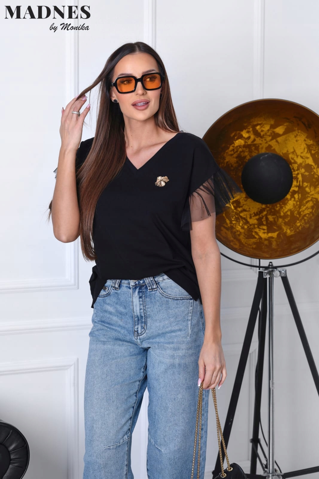 Bluzka Damska T-shirt z Tiulem Odpinana Broszka Madnes Czarna R.3