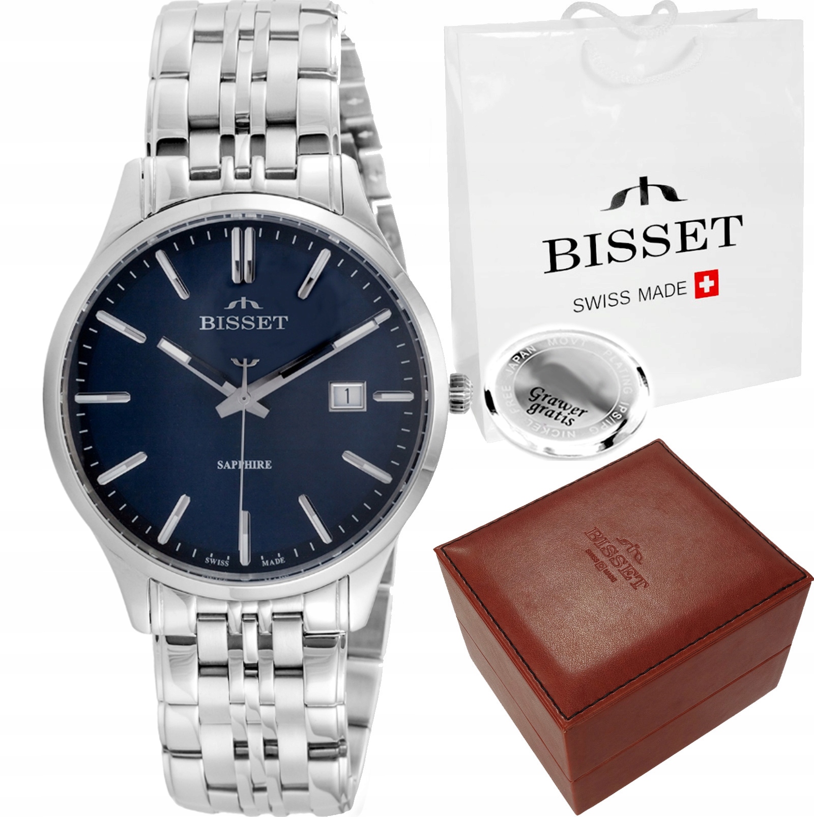 Švýcarské pánské hodinky Bisset Safírové sklo s datumovkou Gravírování