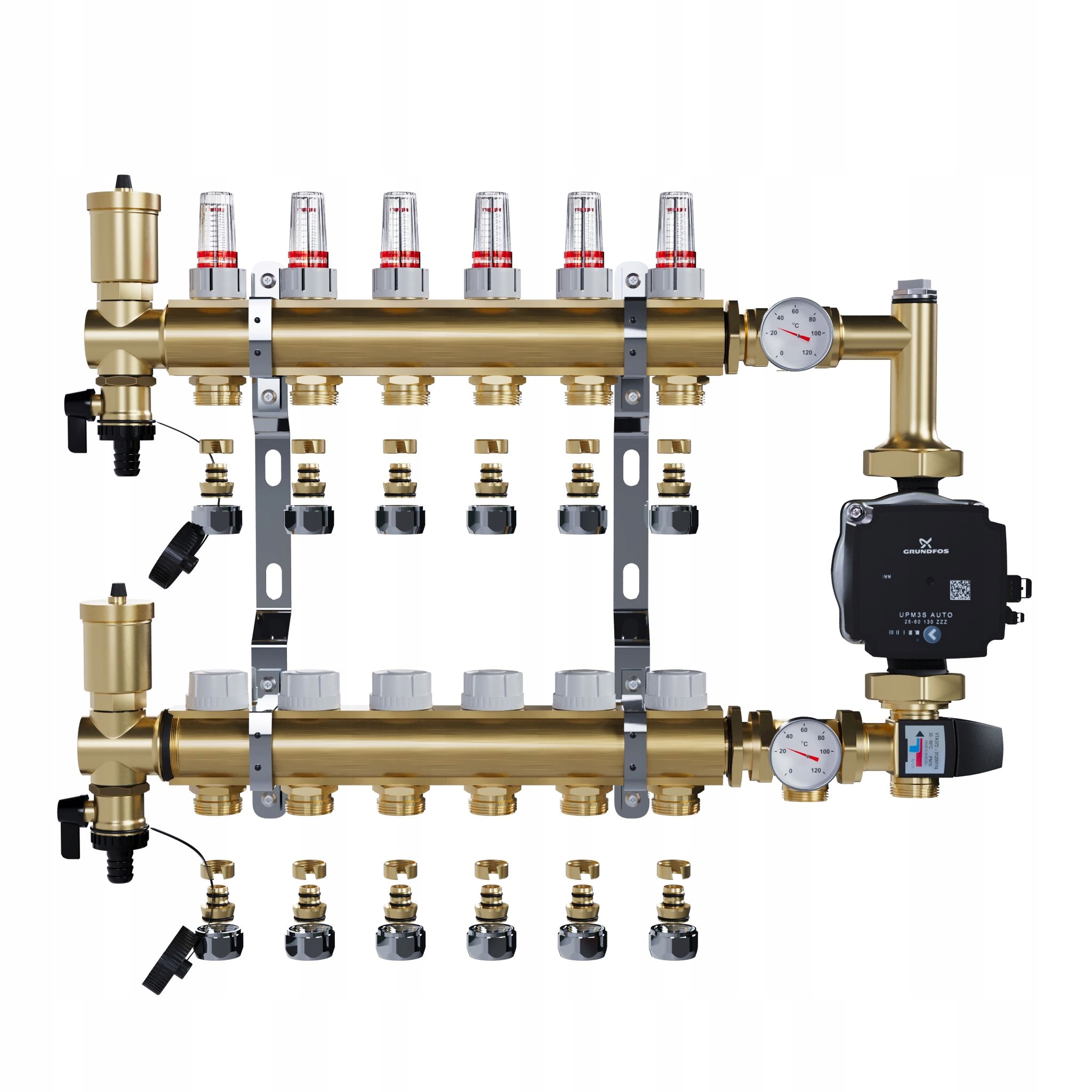 Rozdělovač pro podlahové topení 6 sekcí a Spojky Pex+pompa Grundfos