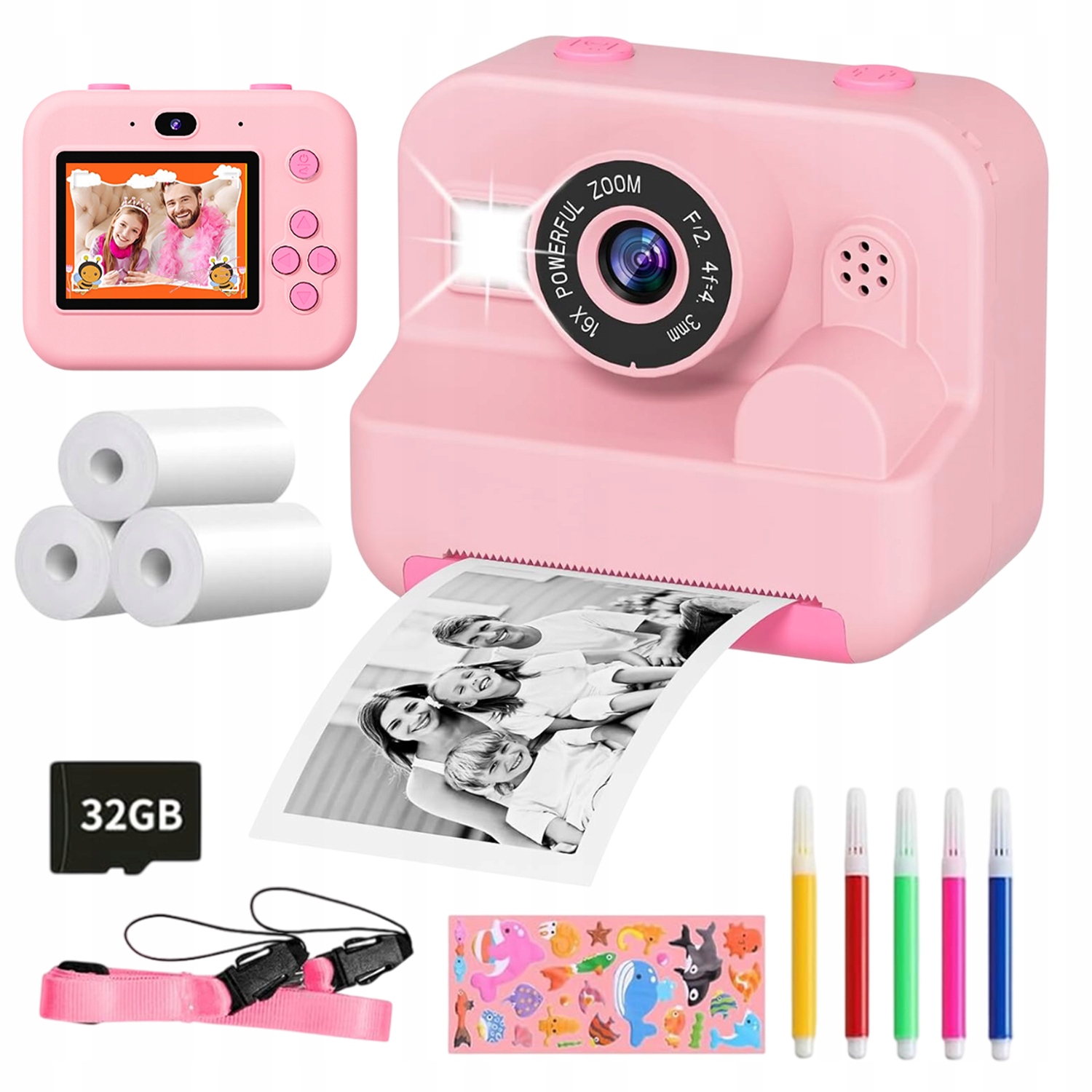 Instantní Fotoaparát Pro Děti S Kamerou 1080P Zoom 16X 32GB Kartou, Růžový