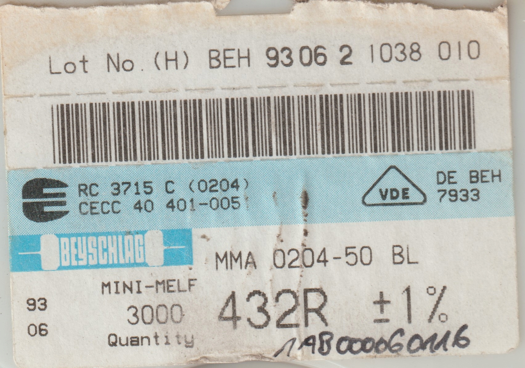 [100szt] 432R 1% 50ppm rezystor Smd minimelf MMA0204 Beyschlag low noise