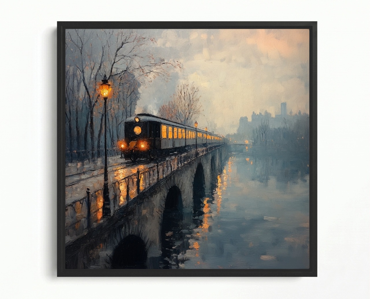 Obraz Rám Americký Box Město Most Řeka Železnice Vlak Déšť Mlha 50x50