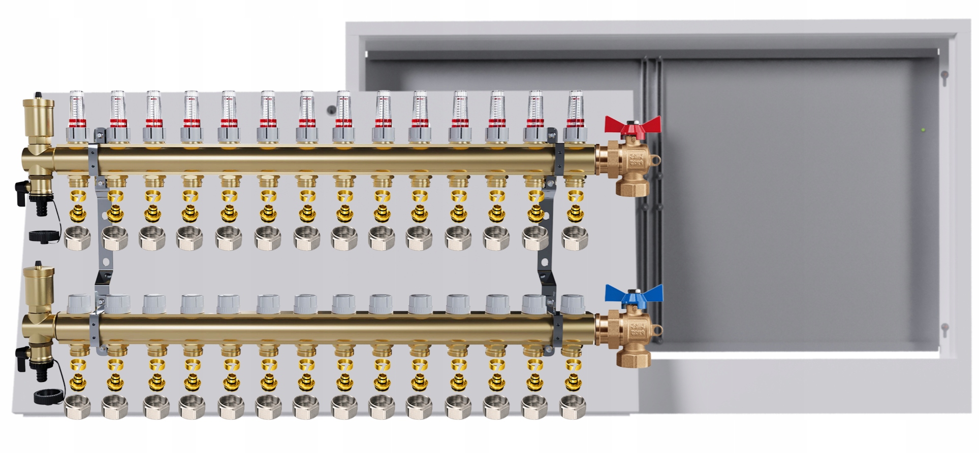 Rozdělovač mosazný podlahový 14 okruhů nástěnná skříňka kulový Pex