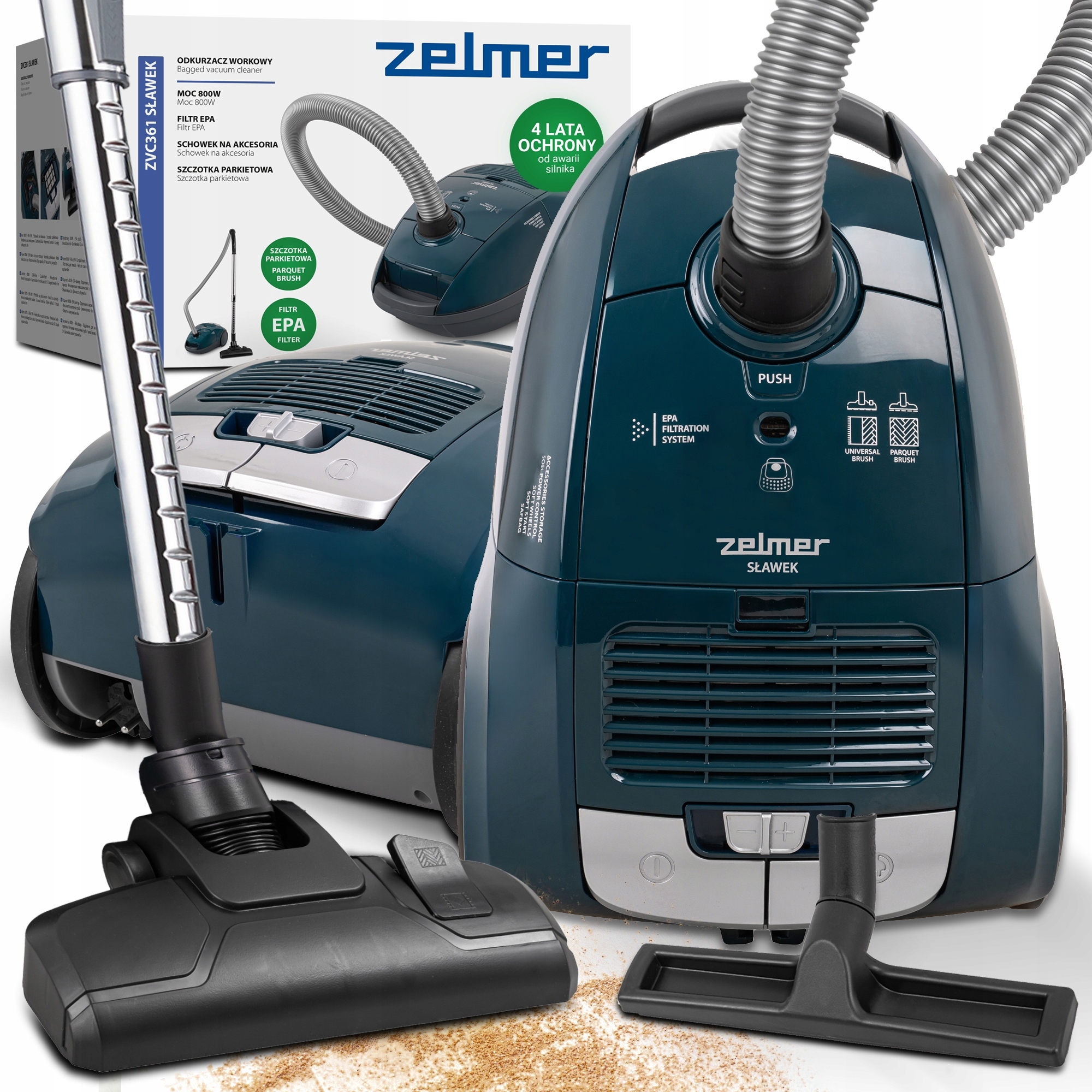Odkurzacz Workowy Zelmer Sławek 2 Szczotki Końcówki Akcesoria Schowek 800W