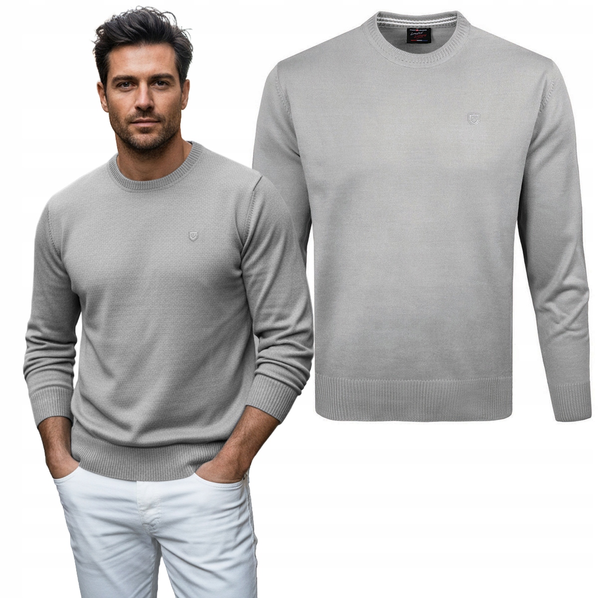 Pánský svetr Klasický Basic Hladký Světle Šedý XXL Pako Jeans