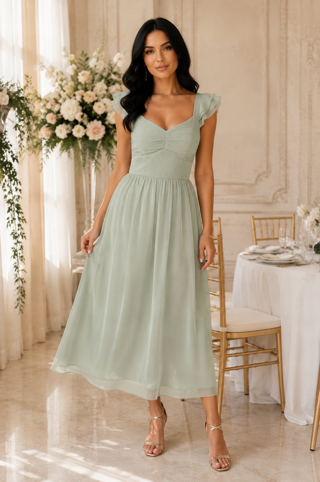 Šifonové Šaty MIDI Volánky Elegantní Návštěvní Na Svatební Hostina Plus Size 46