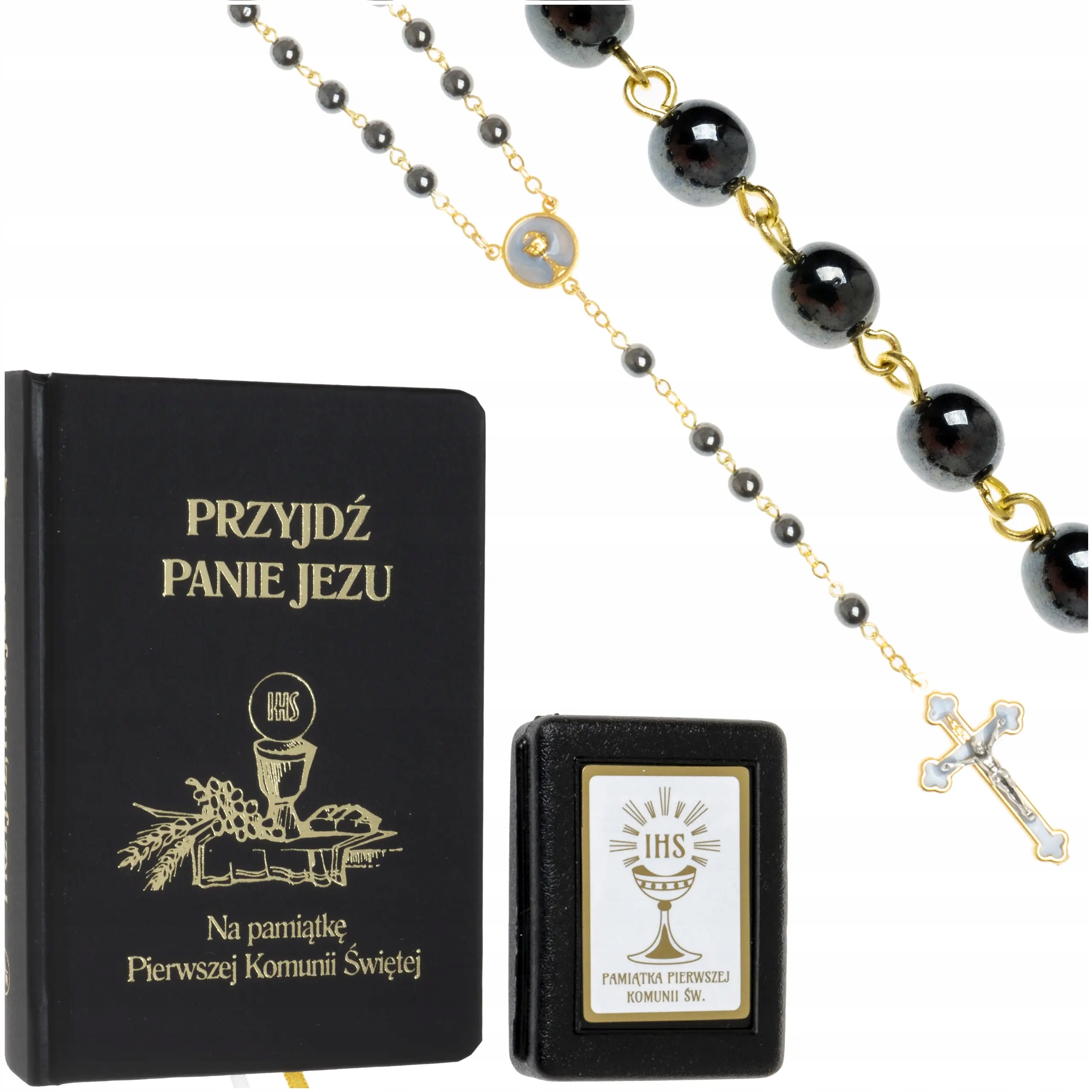 Knížka pro přijímání Růženec K Prvnímu Svatému Přijímání zlatý hematit Krabička na Růženec